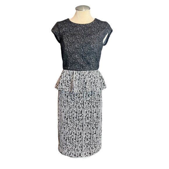 New York & Company Dress S Black White Textured Peplum Stretch Midi Size Small - Picture 2 of 11
